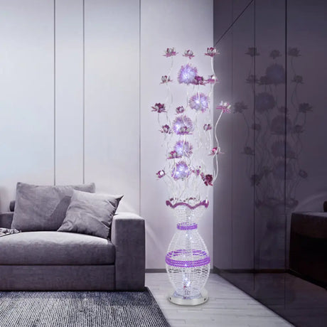 Modern Metal Hollow Urn Floor Lamp With Led Bulb Purple Blossom Decor - Bedroom Reading And Ambient