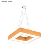 Modern Metal Led Chandelier - Light Wood Square Suspension For Offices