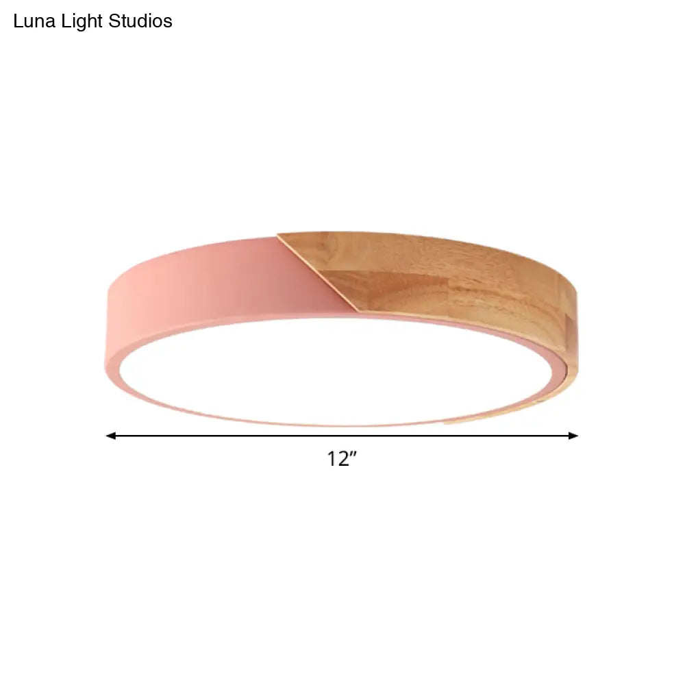 Modern Metal Led Flush Light In Pink/White With Acrylic Diffuser Ceiling Mounted Round Design -