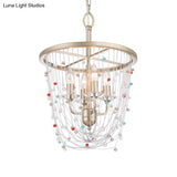 Modern Metal Living Room Chandelier With Crystal Bead Strand Decor Gold Finish 4-Light Candle Style