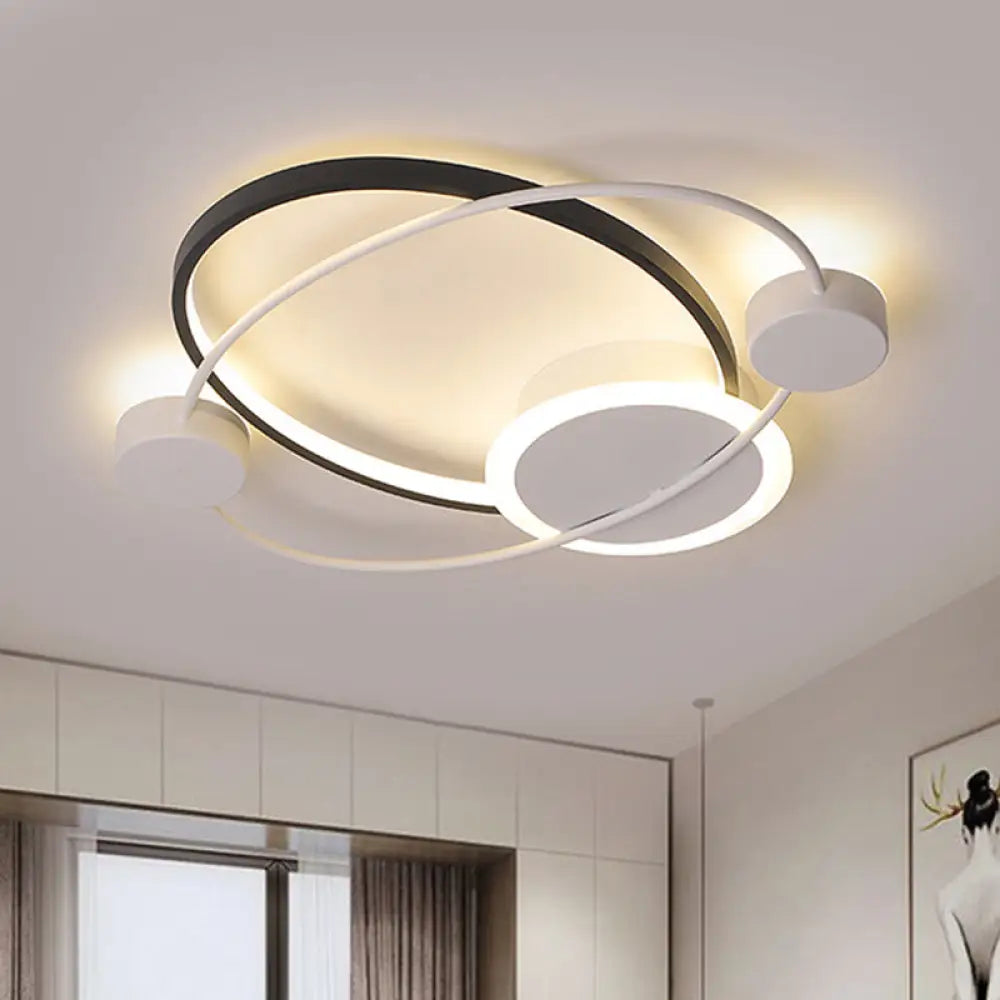Modern Metal Planet Orbit Flushmount Lighting - Led Black-White Ceiling Mounted Fixture In