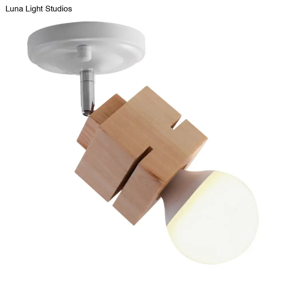 Modern Metal Semi Flush Ceiling Light With Wood Top - White Finish 1