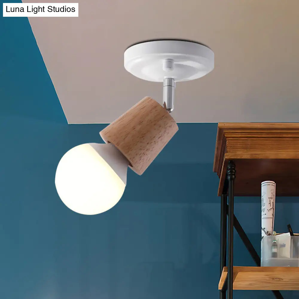 Modern Metal Semi Flush Ceiling Light With Wood Top - White Finish 1