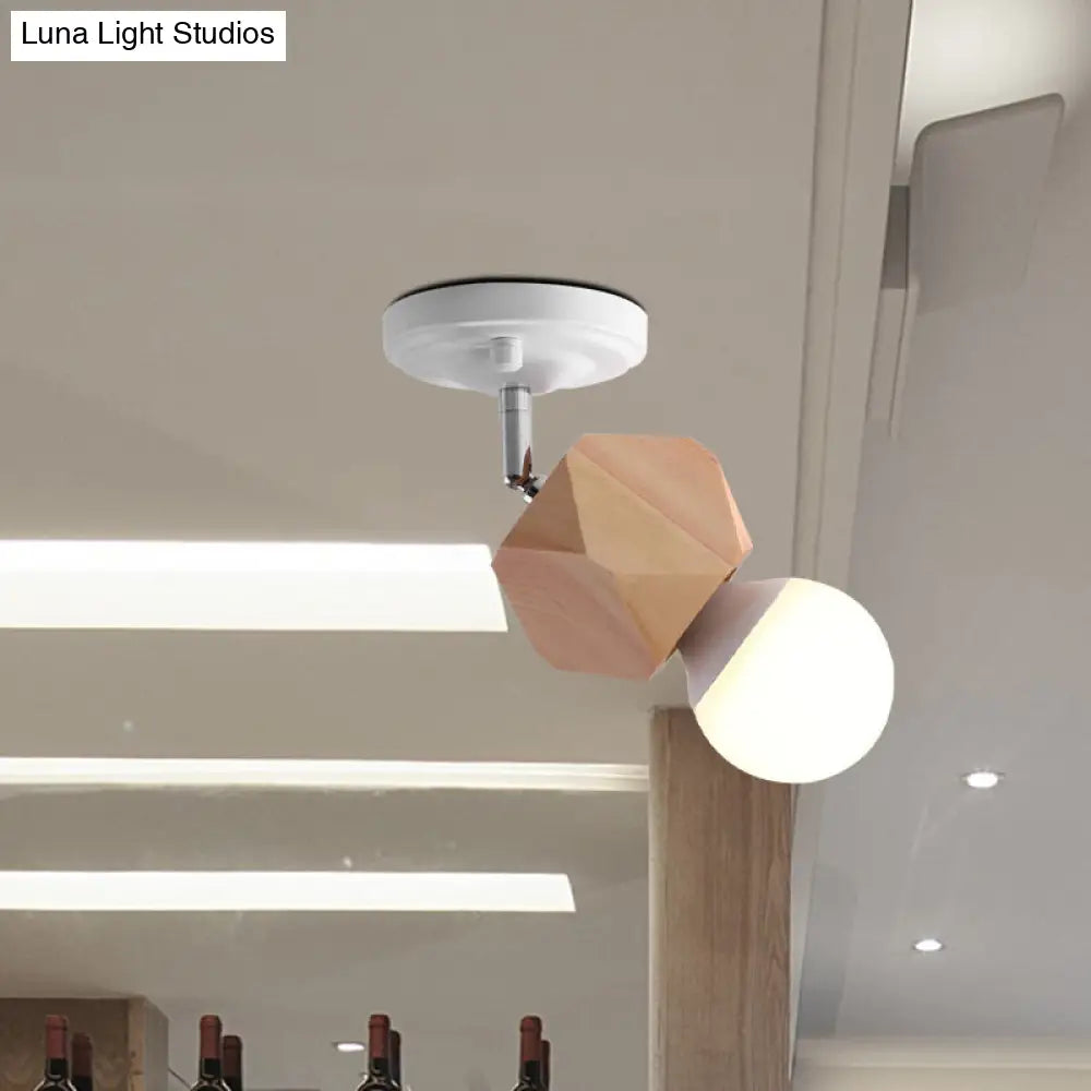 Modern Metal Semi Flush Ceiling Light With Wood Top - White Finish 1