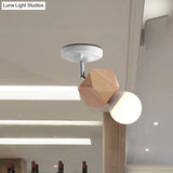 Modern Metal Semi Flush Ceiling Light With Wood Top - White Finish 1