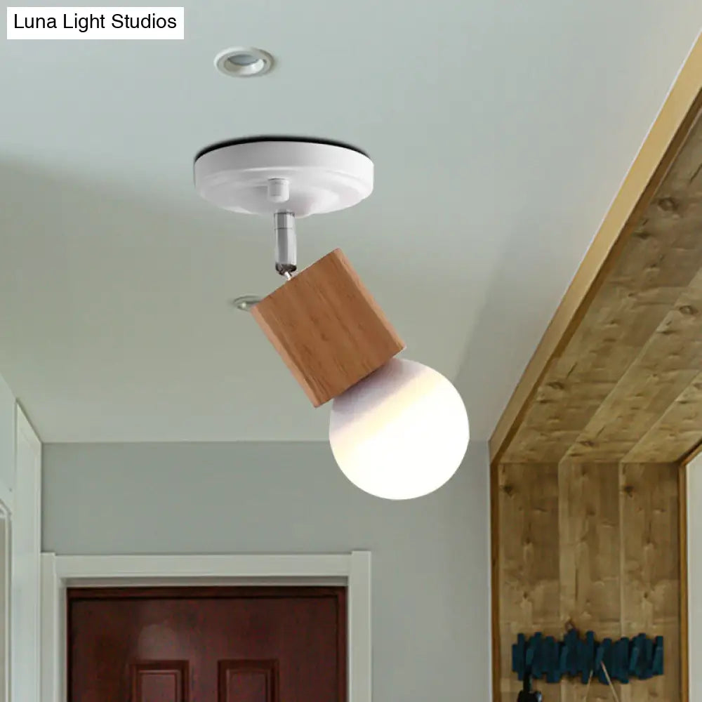 Modern Metal Semi Flush Ceiling Light With Wood Top - White Finish 1