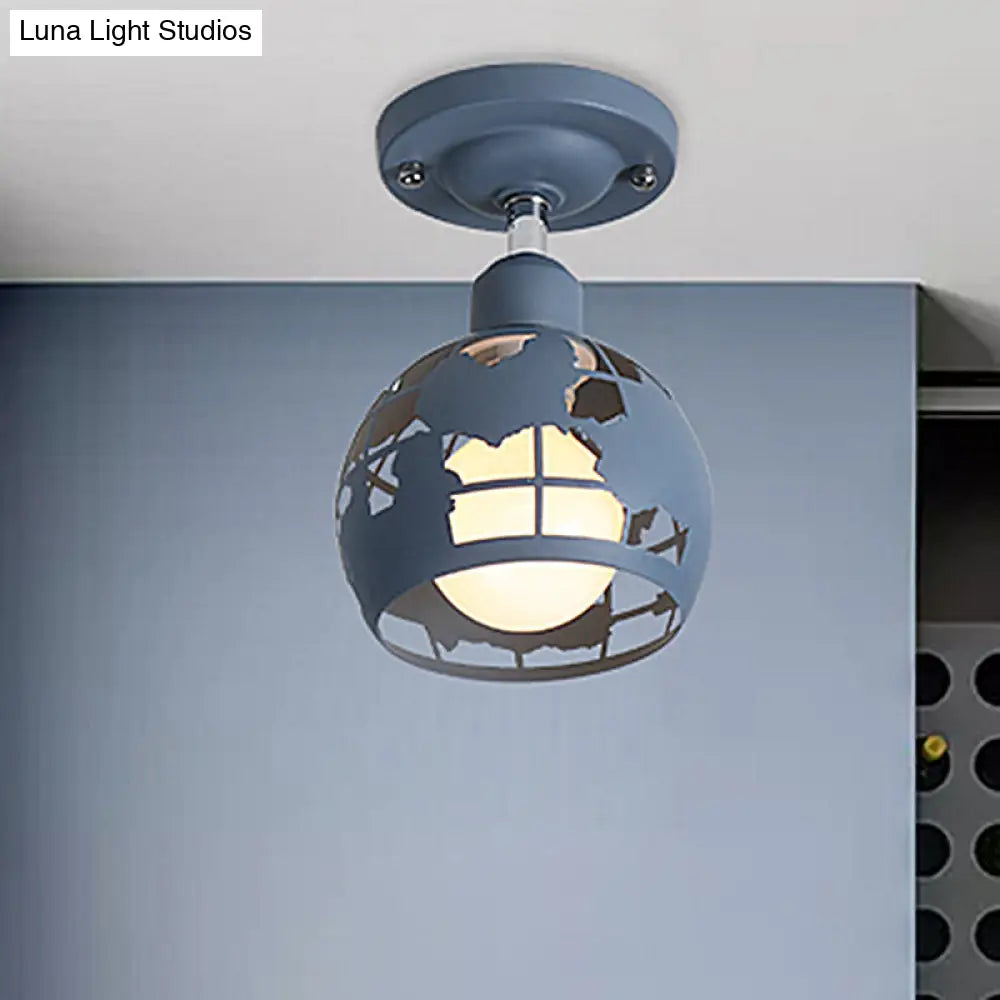 Modern Metal Semi - Flush Light With 1 Head For Hallway - Pink/Yellow/Blue Domed Design