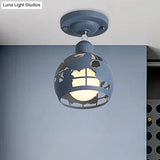 Modern Metal Semi - Flush Light With 1 Head For Hallway - Pink/Yellow/Blue Domed Design