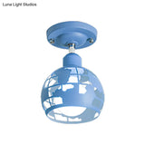 Modern Metal Semi - Flush Light With 1 Head For Hallway - Pink/Yellow/Blue Domed Design