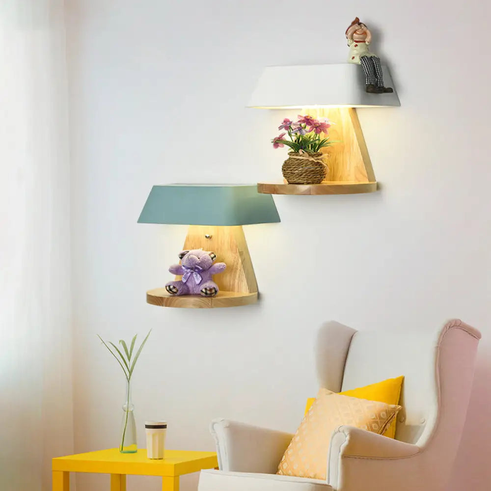 Modern Metal Trapezoid Wall Sconce With Wooden Backplate - White/Orange/Blue Light Fixture For