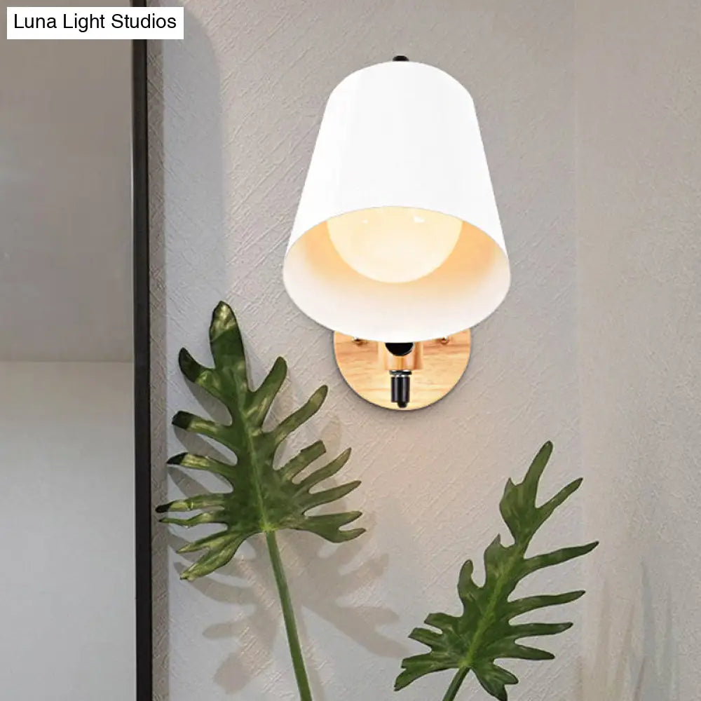Modern Metal Wall Lamp With Bucket Shade 1 Light Corridor Mount Wooden Backplate Black/White