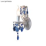 Modern Metal Wall Light With Exposed Bulb White Lamp Blue Crystal Draping