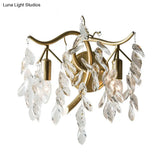 Modern Metal Wall Sconce With Clear Crystal Leaf Deco And 2 Brass Bulbs