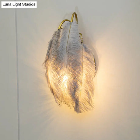 Modern Metal Wall Sconce With Feather Shade - Bedroom Lighting (2 Lights)