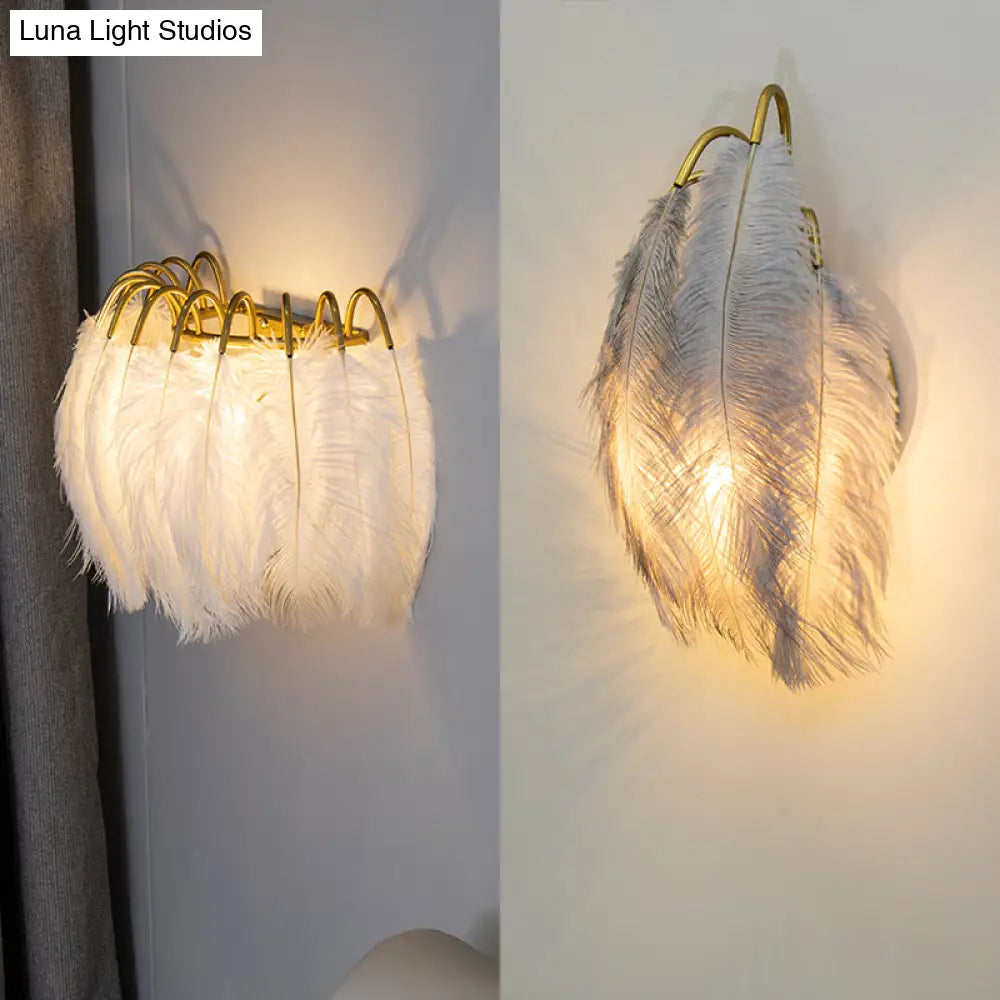 Modern Metal Wall Sconce With Feather Shade - Bedroom Lighting (2 Lights)