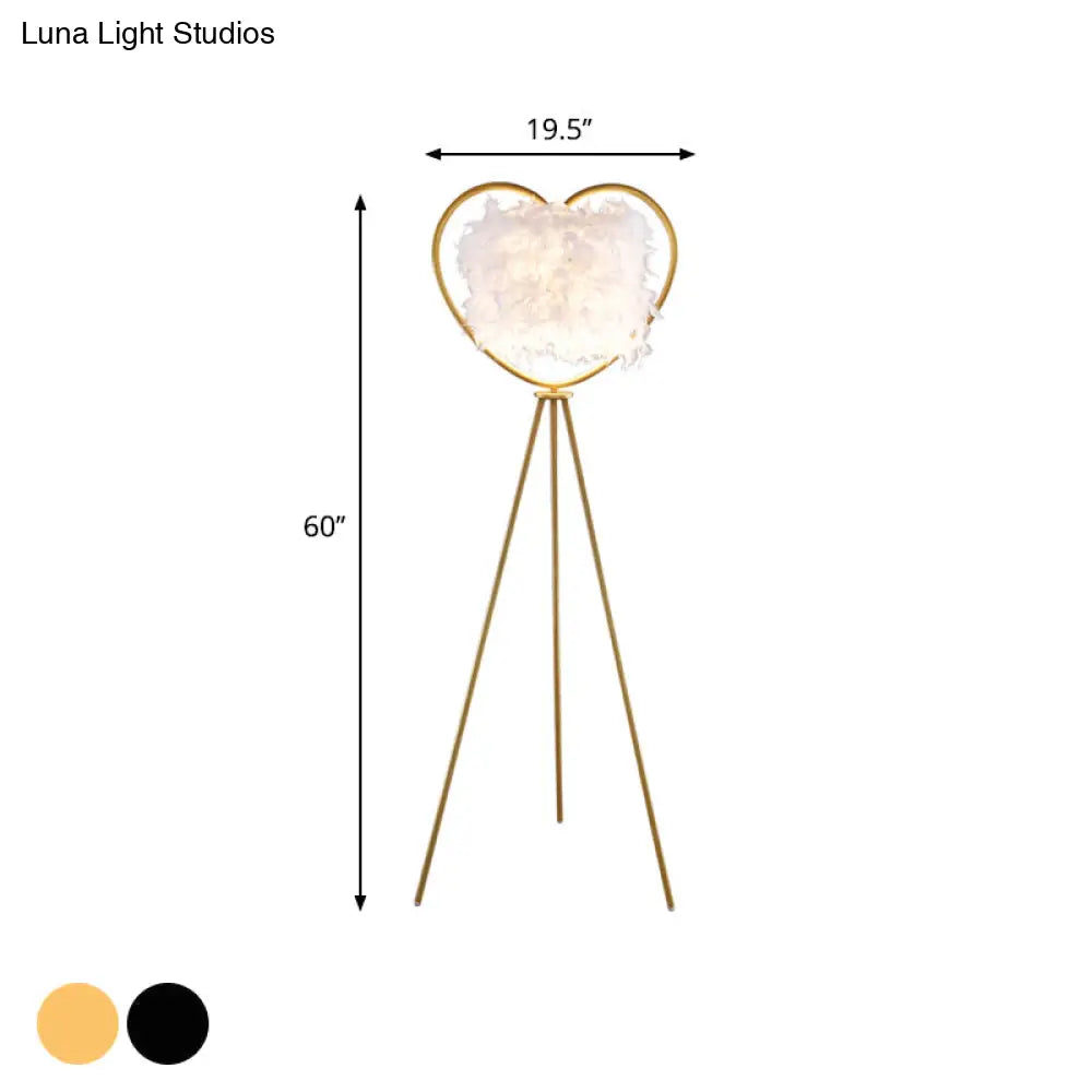 Modern Metallic 1-Head Black/Gold Finish Floor Lamp With Feather Shade & Loving Heart Frame