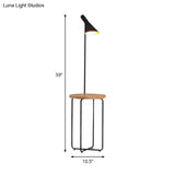 Modern Metallic Black Reading Floor Lamp With Wide Flared Shade & Wood Shelf
