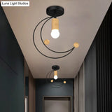 Modern Metallic Crescent Ceiling Light With Wooden Ball Deco - Semi Flush Mount In Black/White/Grey