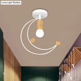 Modern Metallic Crescent Ceiling Light With Wooden Ball Deco - Semi Flush Mount In Black/White/Grey
