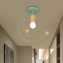 Modern Metallic Crescent Ceiling Light With Wooden Ball Deco - Semi Flush Mount In Black/White/Grey