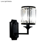 Modern Metallic Cylinder Wall Lamp: 1 Light Sconce With Clear Crystal Prism In Black For Corridor