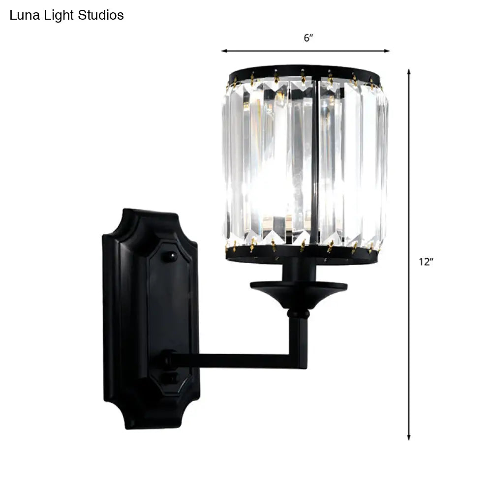 Modern Metallic Cylinder Wall Lamp: 1 Light Sconce With Clear Crystal Prism In Black For Corridor