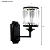 Modern Metallic Cylinder Wall Lamp: 1 Light Sconce With Clear Crystal Prism In Black For Corridor