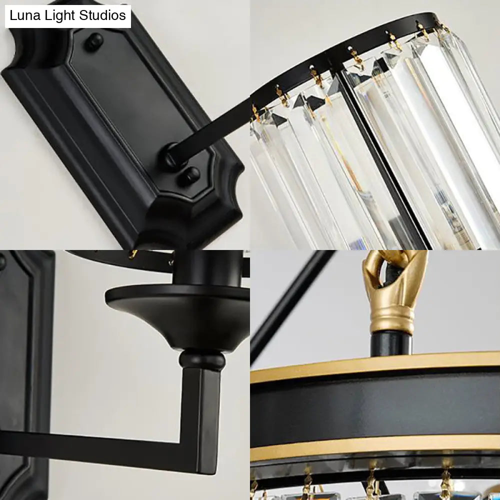 Modern Metallic Cylinder Wall Lamp: 1 Light Sconce With Clear Crystal Prism In Black For Corridor