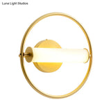 Modern Metallic Led Wall Sconce Lamp With Opal Glass Shade - Ring Bedside Fixture In Brass