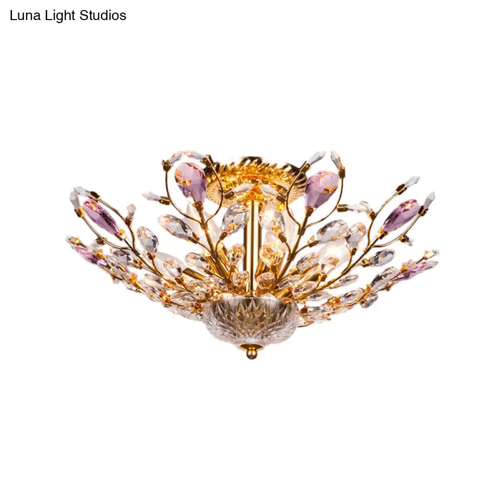 Modern Metallic Peacock Tail Semi Flush Ceiling Light With Crystal Drops - 6 Lights In Gold/Chrome