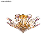 Modern Metallic Peacock Tail Semi Flush Ceiling Light With Crystal Drops - 6 Lights In Gold/Chrome