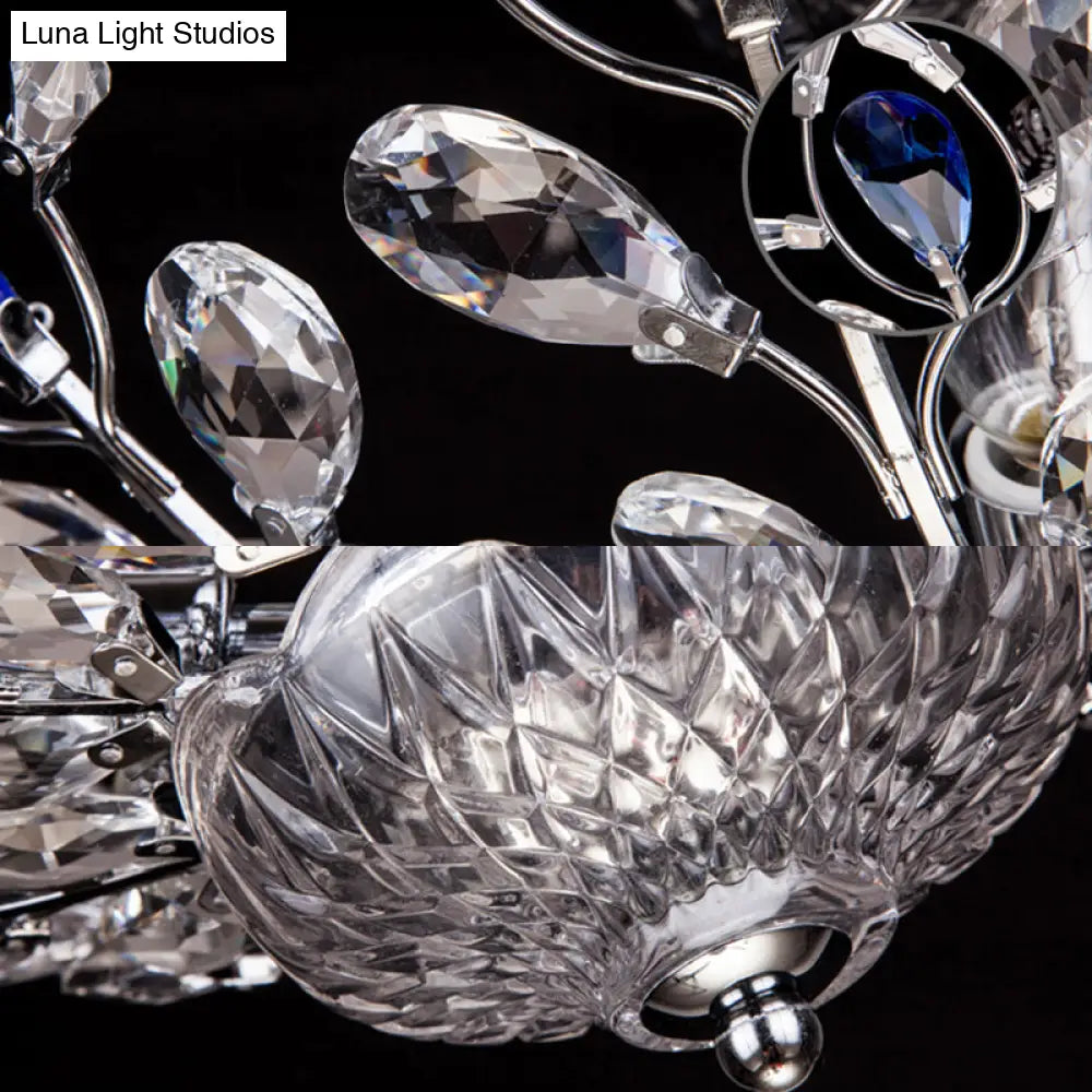 Modern Metallic Peacock Tail Semi Flush Ceiling Light With Crystal Drops - 6 Lights In Gold/Chrome