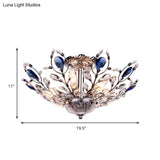 Modern Metallic Peacock Tail Semi Flush Ceiling Light With Crystal Drops - 6 Lights In Gold/Chrome