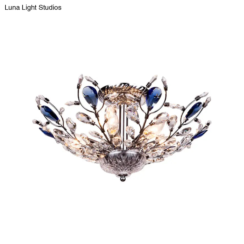 Modern Metallic Peacock Tail Semi Flush Ceiling Light With Crystal Drops - 6 Lights In Gold/Chrome