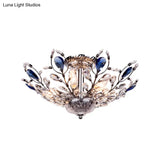 Modern Metallic Peacock Tail Semi Flush Ceiling Light With Crystal Drops - 6 Lights In Gold/Chrome