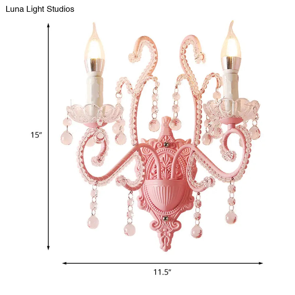 Modern Metallic Scroll Arm Wall Lamp With Crystal Orb Deco Pink