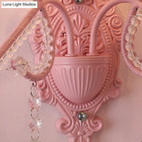 Modern Metallic Scroll Arm Wall Lamp With Crystal Orb Deco Pink