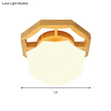 Modern Milk Glass Beige Led Flush Mount Lamp With Wood Canopy - Various Sizes