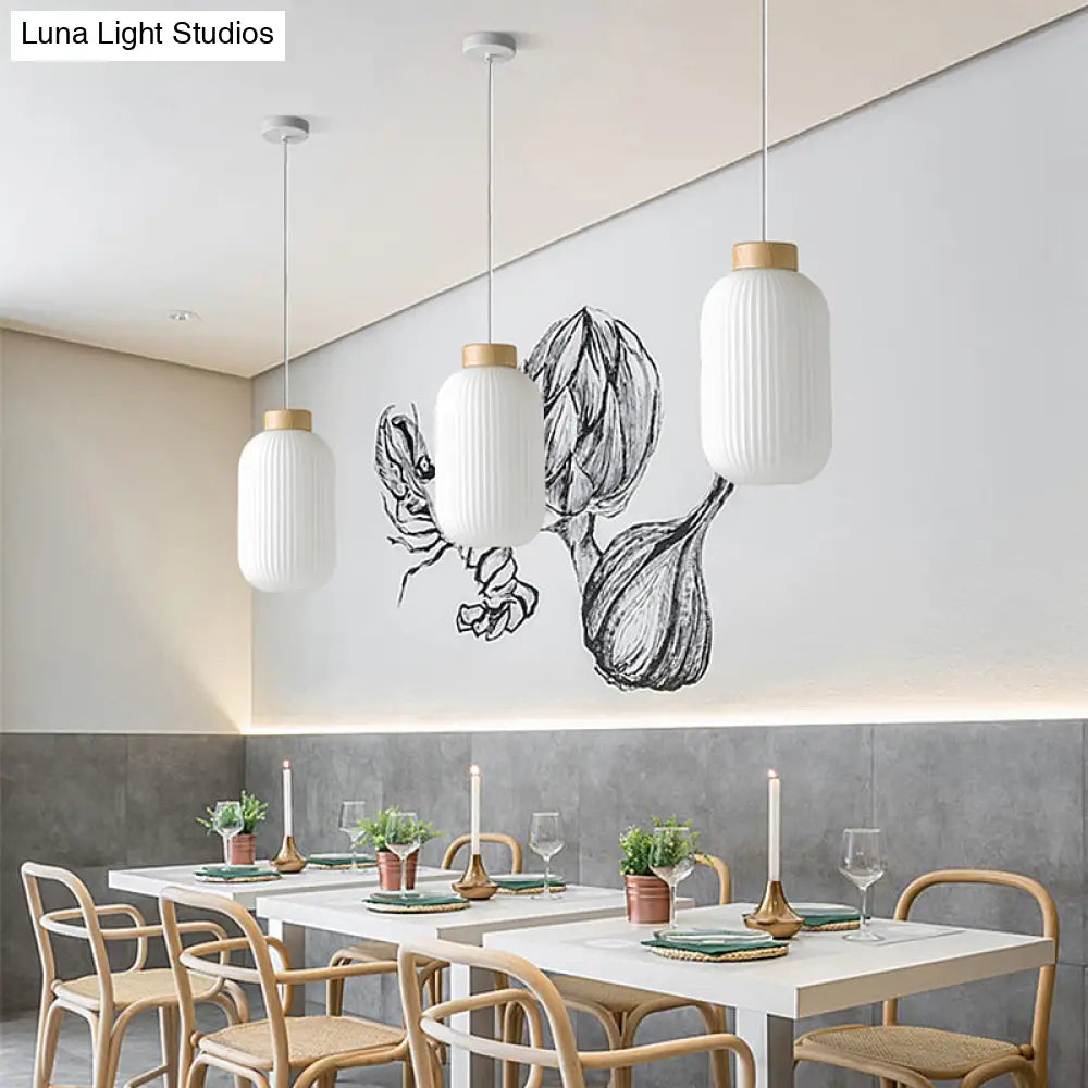 Modern Milk Glass Ribbed Cylinder Pendant Light - 5.5’/8’/12’ 1 White Ceiling Fixture For