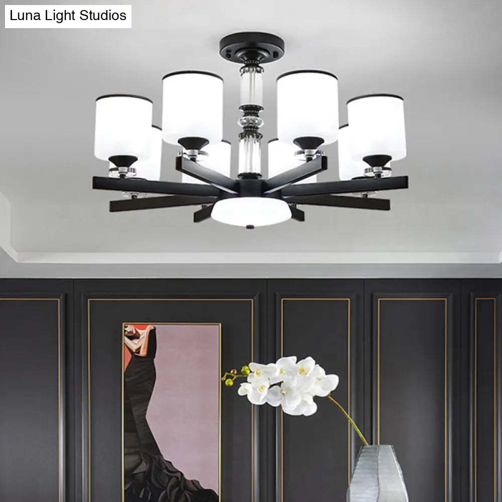 Modern Milky Glass Cup Chandelier Black Finish Hanging Light For Living Room