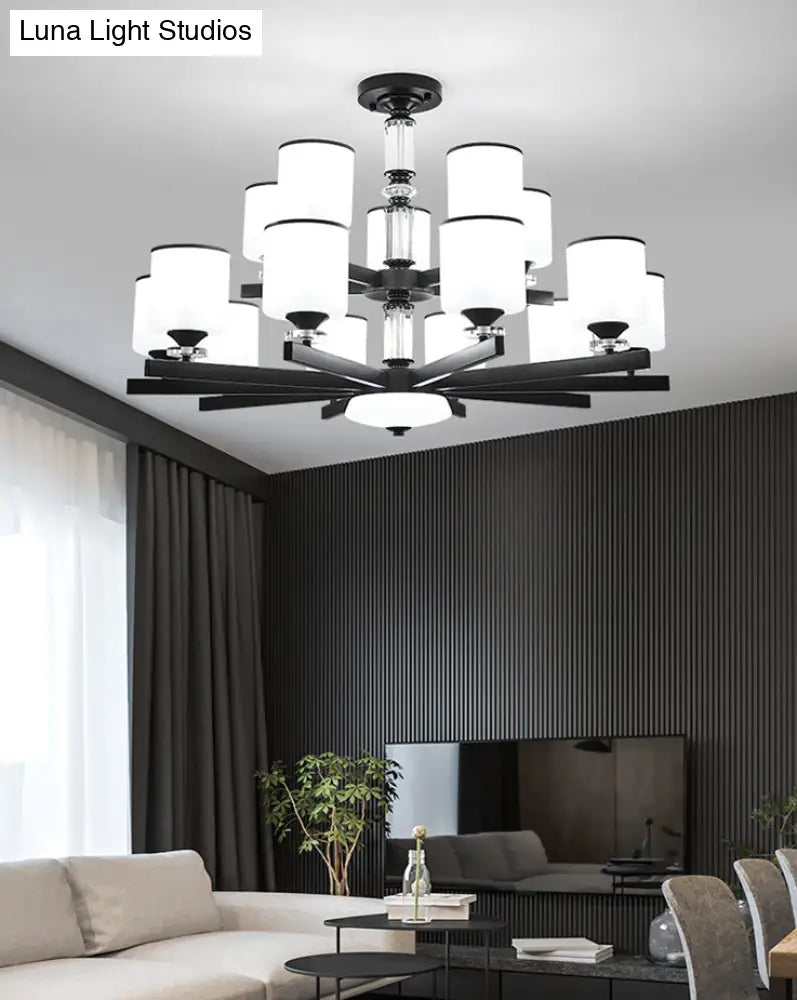 Modern Milky Glass Cup Chandelier Black Finish Hanging Light For Living Room