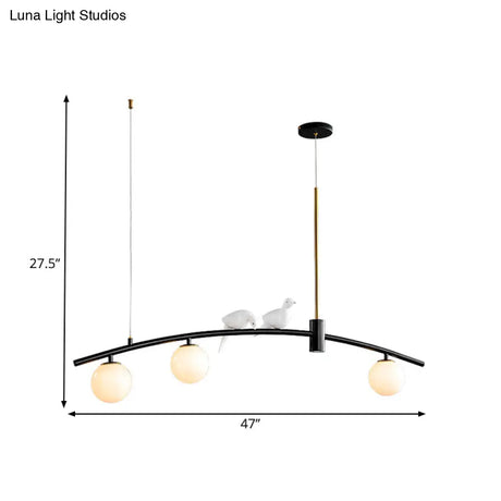 Modern Mini Milk Glass Island Lamp With Bird Decoration - 3-Head Suspension Pendant In Black-Brass