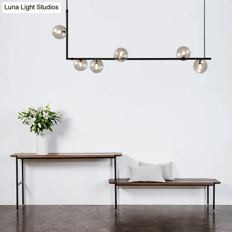 Modern Minimalism Black Linear 6-Light Island Pendant Lighting With Sphere Glass Shade For Living