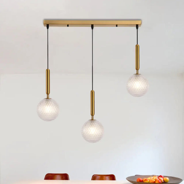 Modern Modo 3-Head Pendant Lamp With Clear Lattice Glass - Dining Room Cluster Light In Brass