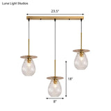 Modern Modo 3-Head Pendant Lamp With Clear Lattice Glass - Dining Room Cluster Light In Brass