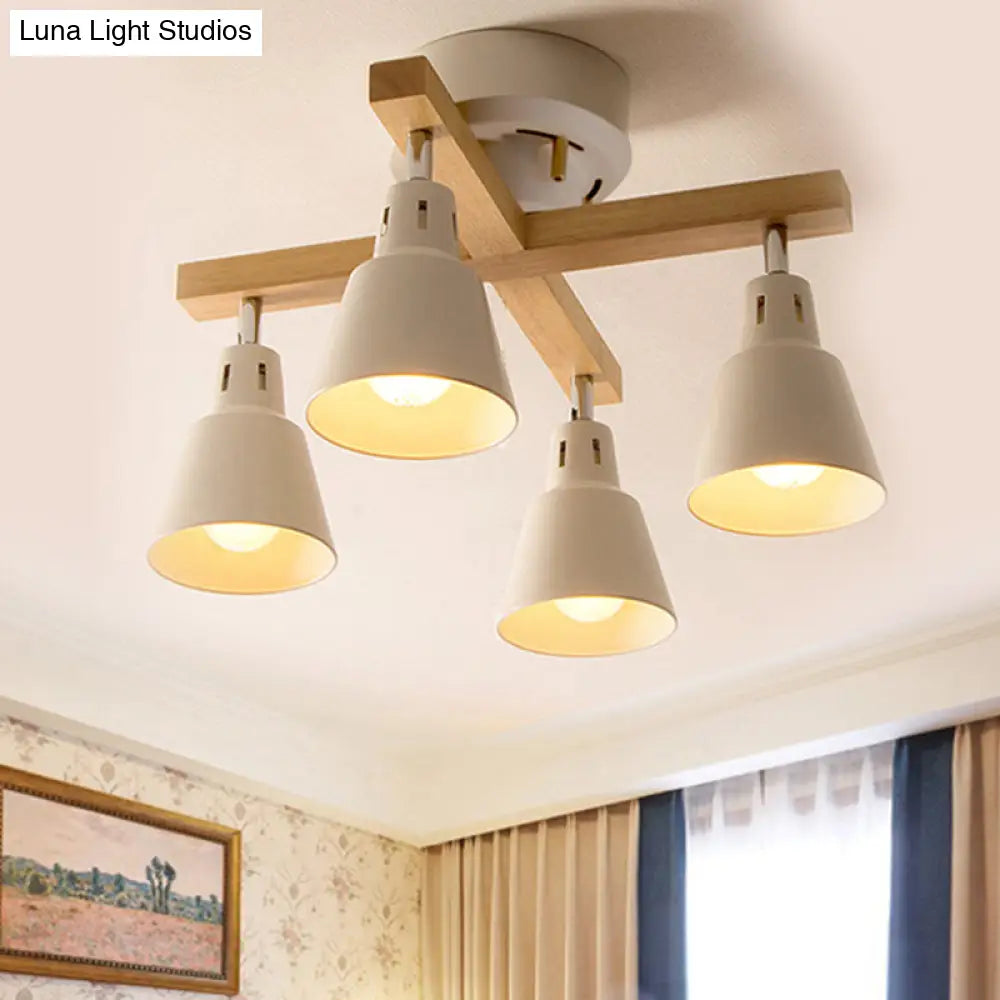 Modern Monochrome Bucket Shade Semi Flush Ceiling Light – 4 Lights Metallic Lamp For Bedroom
