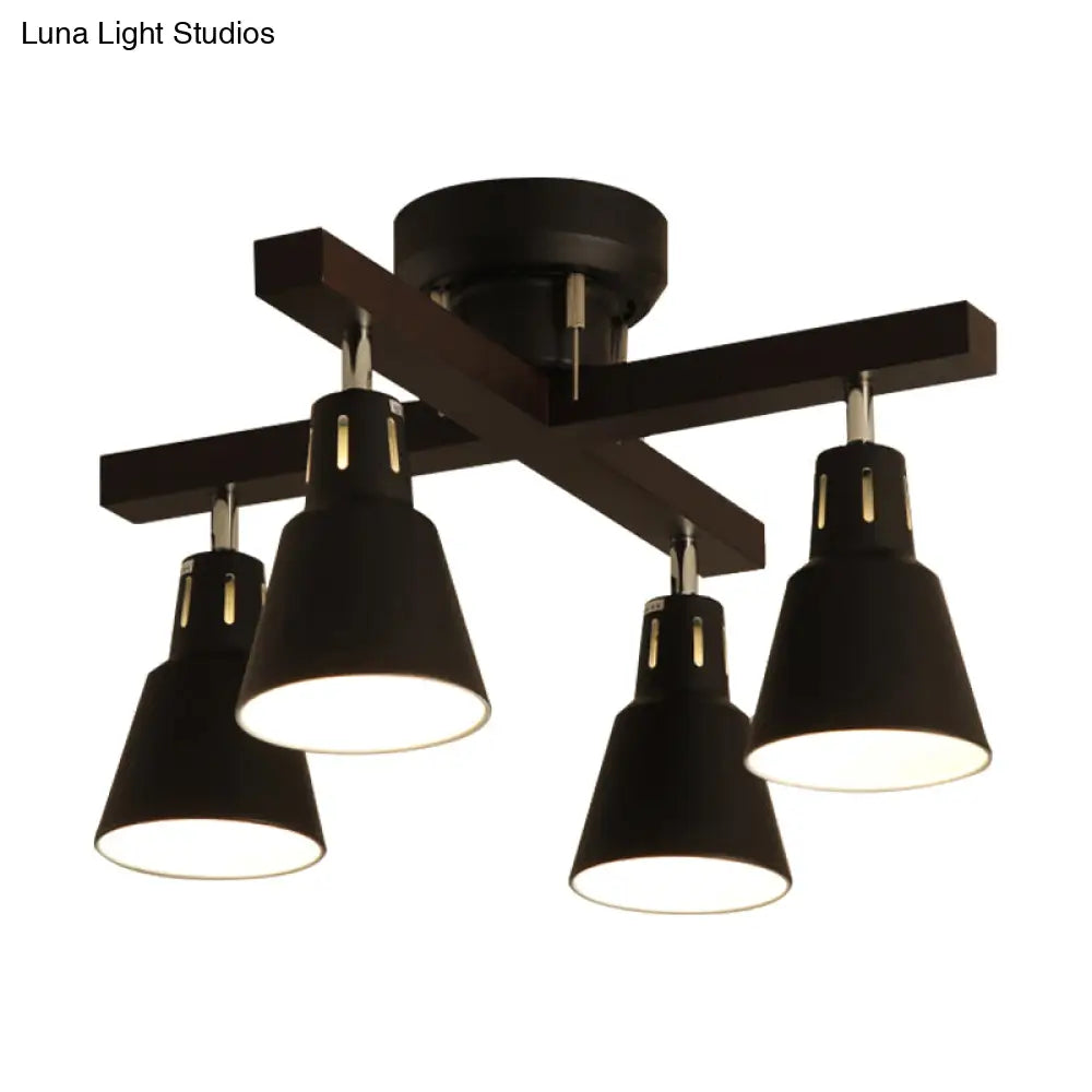 Modern Monochrome Bucket Shade Semi Flush Ceiling Light – 4 Lights Metallic Lamp For Bedroom