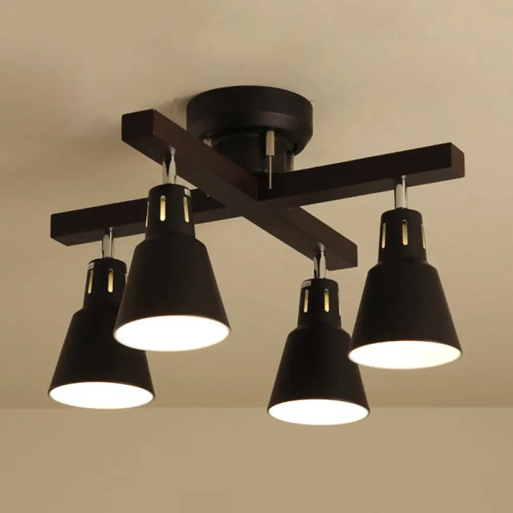 Modern Monochrome Bucket Shade Semi Flush Ceiling Light – 4 Lights Metallic Lamp For Bedroom Black