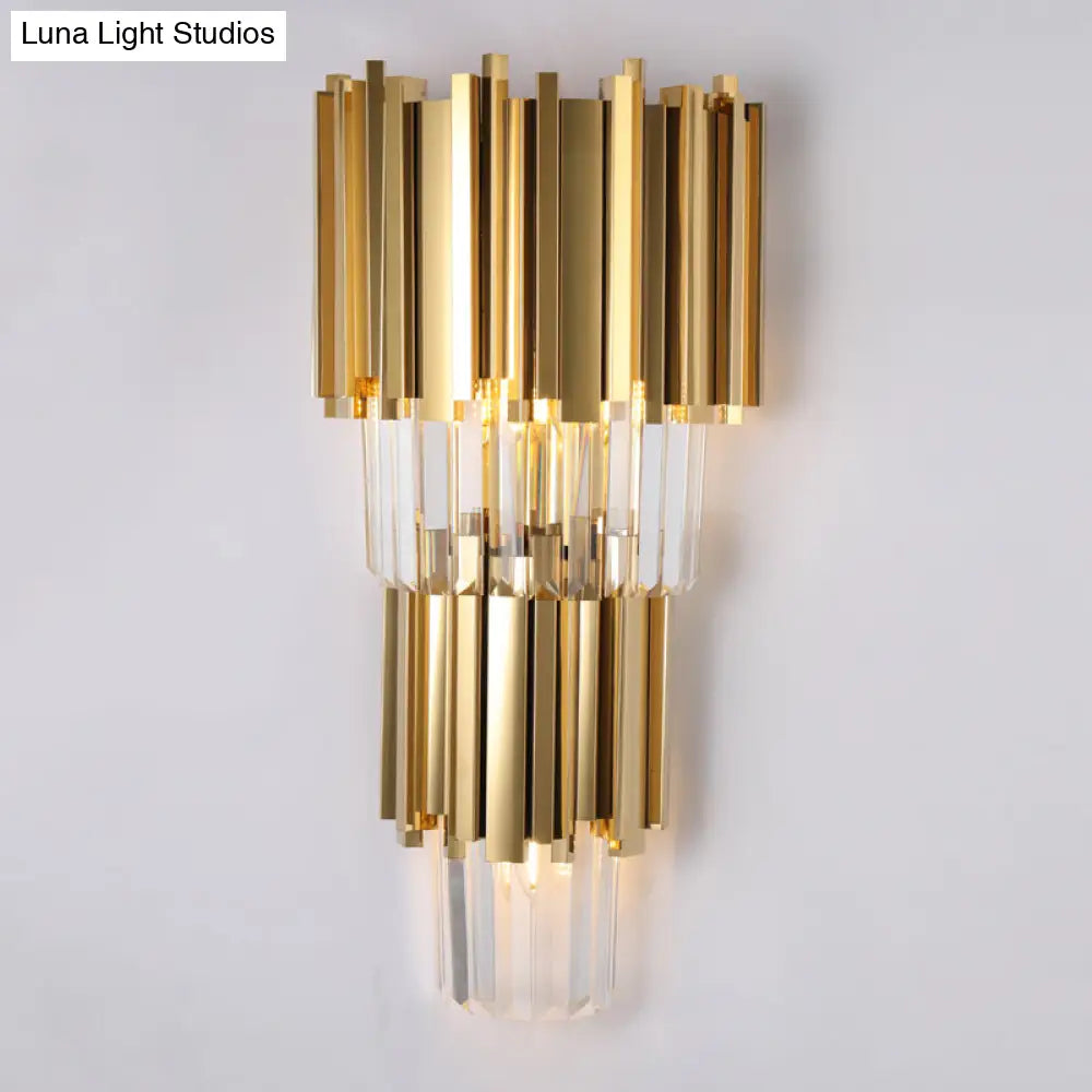 Modern Multi Layer Metal And Crystal Prisms Wall Lamp - 2/3 Bulbs Brass Finish