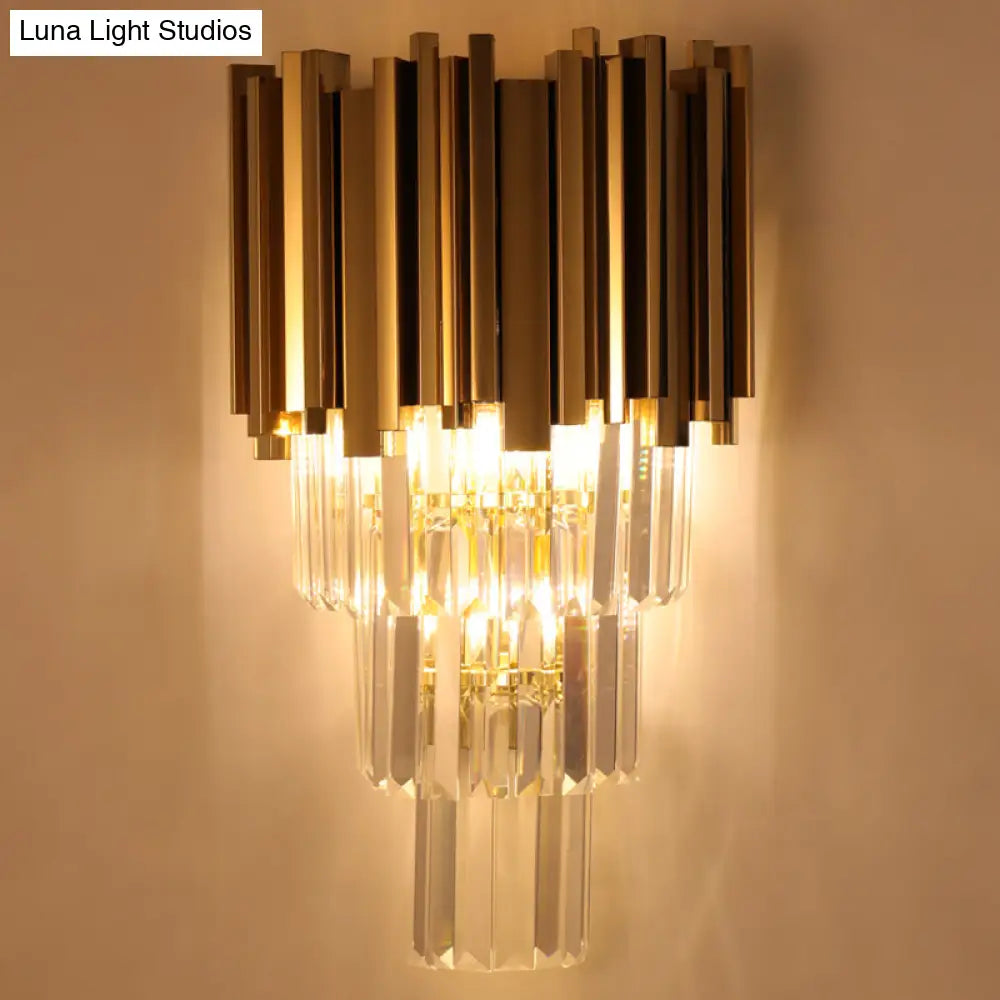Modern Multi Layer Metal And Crystal Prisms Wall Lamp - 2/3 Bulbs Brass Finish